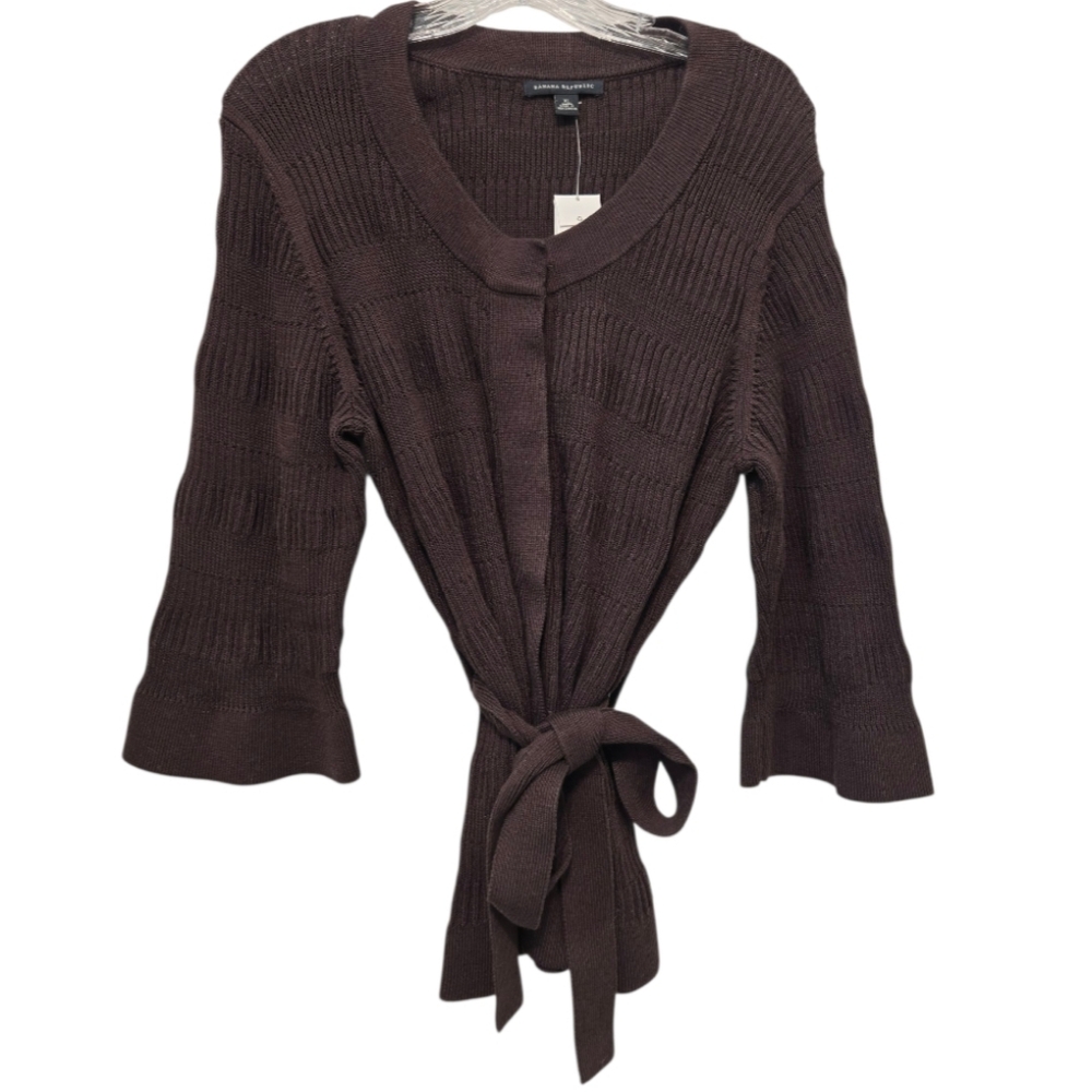 Banana Republic Belted Cardigan Jacket Dark Brown XL Textured 100% Cotton NWT - Picture 2 of 14